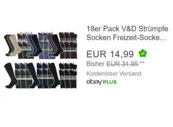 Ebay: 18er Pack V&D-Socken für 14,99 Euro frei Haus