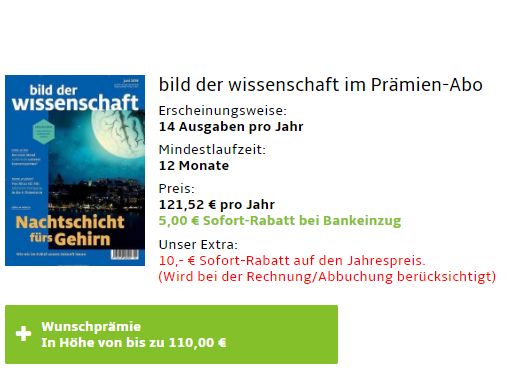 "Bild der Wissenschaft": Jahresabo für 106,52 Euro mit Prämie über 110 Euro