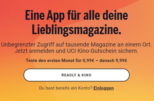 Gratis: Kino-Gutschein über 10 Euro zur Readly-Flat für 99 Cent