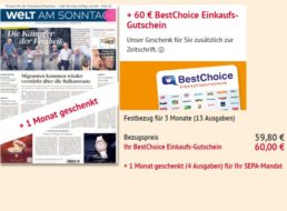 Welt am Sonntag: Vier Monate für 59,80 Euro mit Bestchoice-Gutschein über 60 Euro