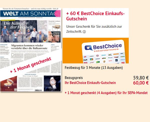 Welt am Sonntag: Vier Monate für 59,80 Euro mit Bestchoice-Gutschein über 60 Euro