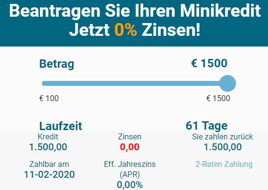 Knaller: Minikredit über 1500 Euro mit 0 Prozent Zinsen