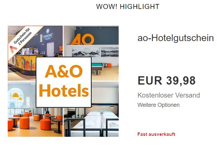 Ebay: Hotelgutscheine für a&o zu Preisen ab 39,98 Euro