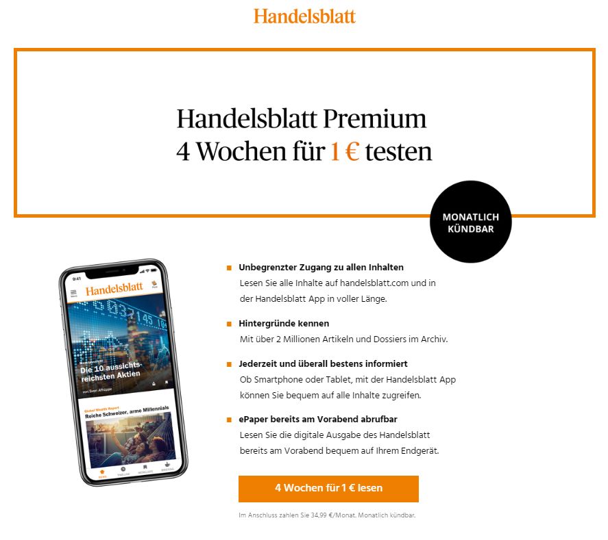 Handelsblatt Premium: Vier Wochen kompletter Zugriff für 1 statt 34,99 Euro