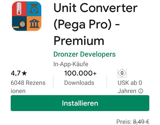 Gratis: App "Unit Converter (Pega Pro) - Premium" für 0 statt 8,49 Euro