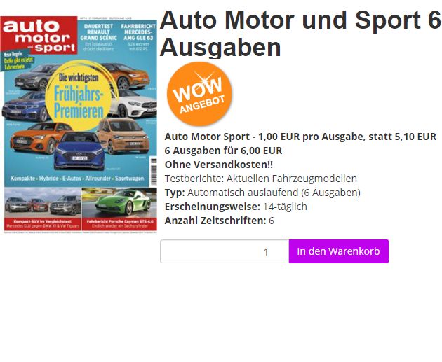 Auto Motor Sport: 6 Ausgaben für 6 Euro frei Haus, automatisches Ende