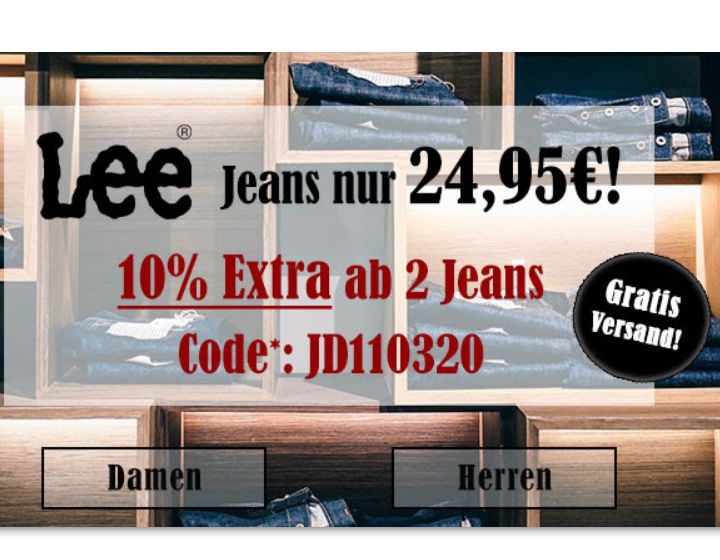 Jeans Direct: Lee-Jeans für 24,95 Euro frei Haus, Extra-Rabatt möglich