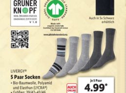 Lidl: Fünferpack Socken mit Sozial-Siegel „Grüner Knopf“ für 4,99 Euro