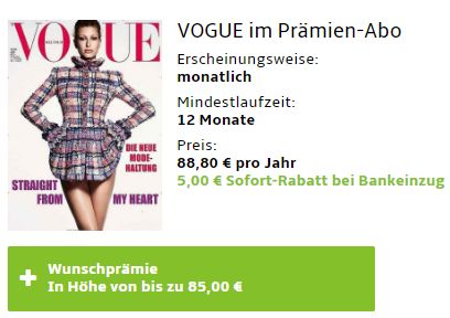 Vogue: Jahresabo für 83,80 Euro mit Gutscheinen über 85 Euro