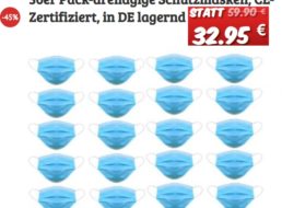 Discounter-Konter: 50er-Packung Mundschutzmasken für 32,95 Euro