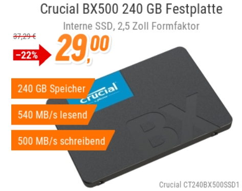 NBB: "Crucial BX500" mit 240 GByte für 29 Euro plus Versand