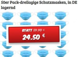 Knaller: 50er-Pack dreilagige Schutzmasken für 24,50 Euro plus Versand