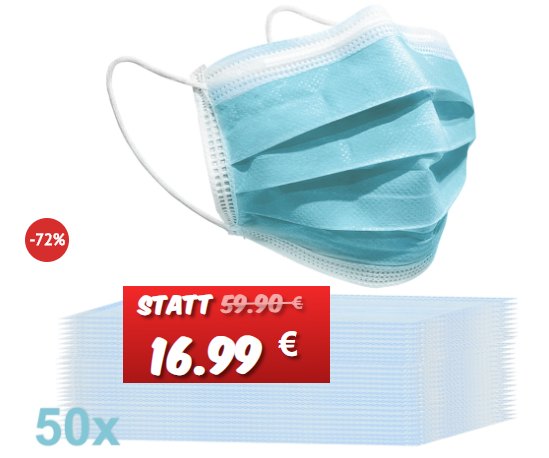 Knaller: 50er-Packung Masken für 16,99 Euro frei Haus