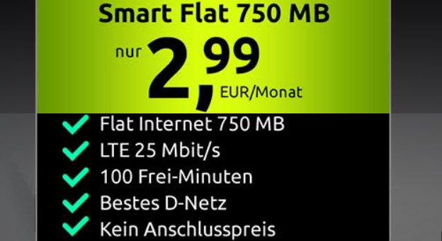 Knaller: 750 MByte Daten und 100 Freiminuten im D-Netz für 2,99 Euro