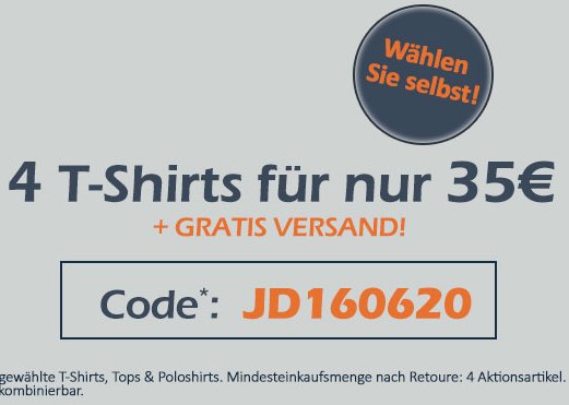 Jeans Direct: Vier T-Shirts nach Wahl für 35 Euro frei Haus