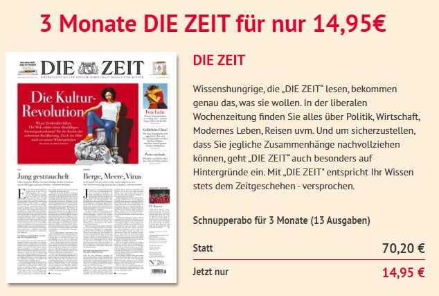 Die Zeit: 13 Ausgaben für zusammen 14,95 Euro frei Haus