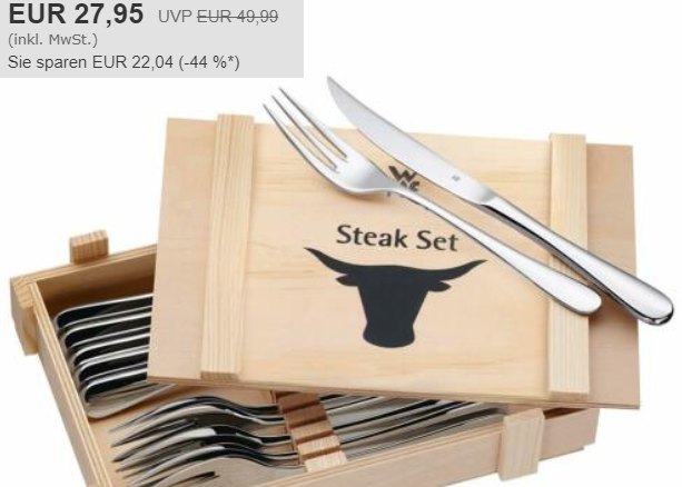 WMF: Steak-Besteckset in Holzkiste zum Bestpreis von 27,95 Euro