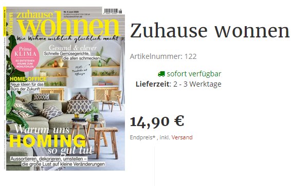 "Zuhause Wohnen": Jahresabo zum Direktpreis von 14,90 Euro