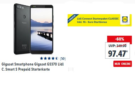 Lidl: Smartphone Gigaset GS370 mit 10 Euro Guthaben für 97,47 Euro