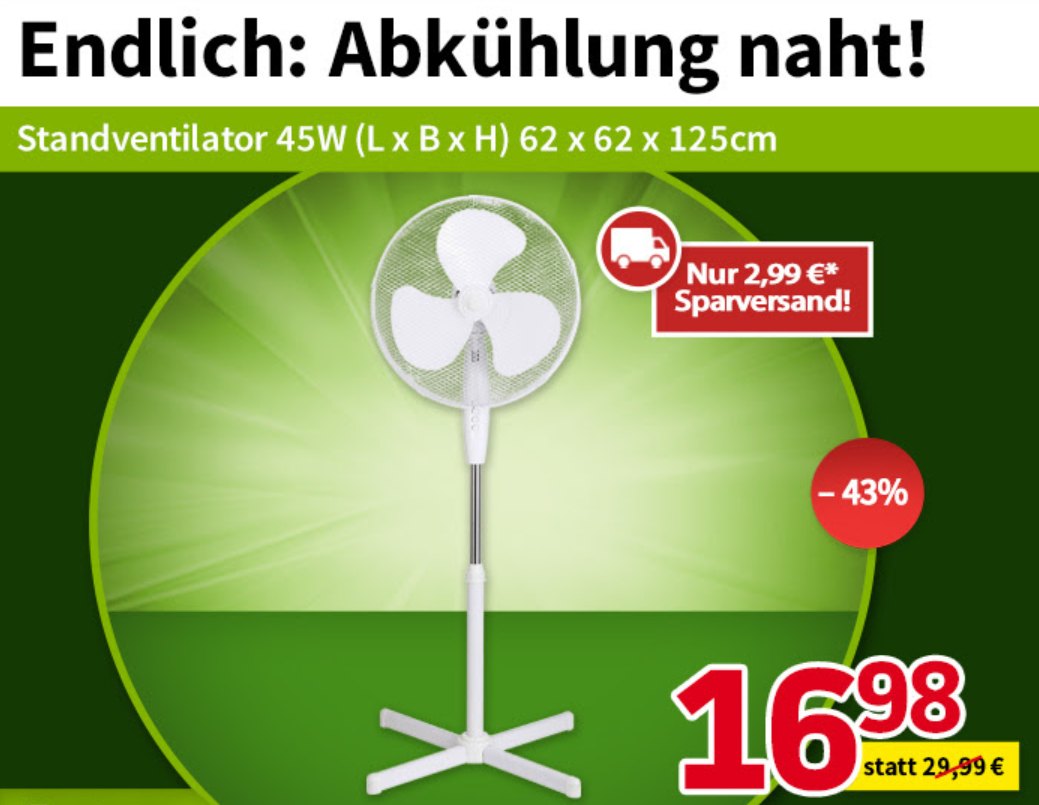 Völkner: Standventilator für 19,97 Euro mit Versand