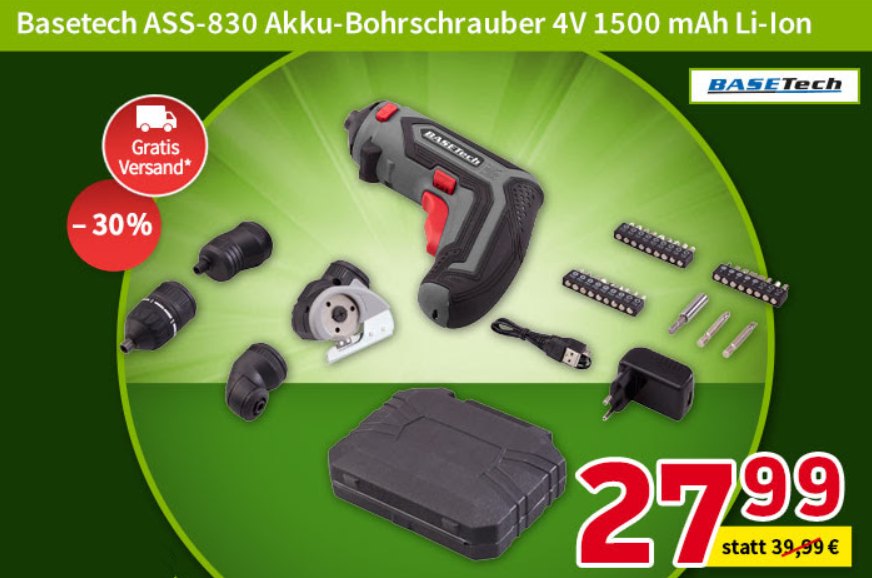 Völkner: Akku-Schraubendreher Basetech ASS-830 für 27,99 Euro frei Haus