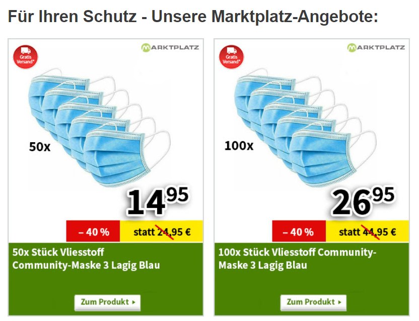 Völkner: 100er-Pack Masken für 26,95 Euro frei Haus, 50er für 14,95 Euro