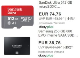 Ebay: Micro-SDXC mit 512 GByte für 74,76 Euro, SSD für 38,76 Euro