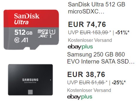 Ebay: Micro-SDXC mit 512 GByte für 74,76 Euro, SSD für 38,76 Euro