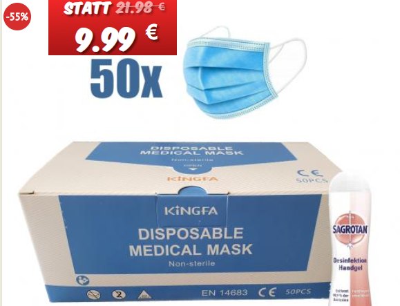 Dealclub: 50er-Pack Masken inklusive Sagrotan-Handgel für 9,99 Euro frei Haus