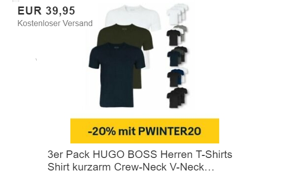 Ebay: Dreierpack T-Shirts von Hugo Boss für 31,96 Euro frei Haus