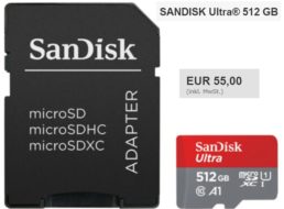 Ebay: Sandisk Ultra MicroSDXC mit 512 GByte für 55 Euro frei Haus