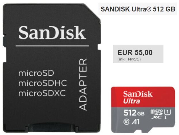 Ebay: Sandisk Ultra MicroSDXC mit 512 GByte für 55 Euro frei Haus