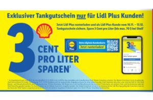 Lidl Plus: Drei Cent Tank-Rabatt bei Shell pro Liter