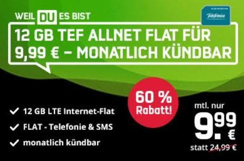 Knaller: Monatlich kündbare LTE-Allnet-Flat mit 12 GByte für 9,99 Euro