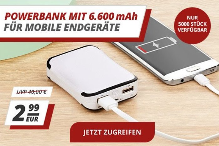 Druckerzubehoer.de: Powerbank mit 6600 mAh für 2,99 Euro