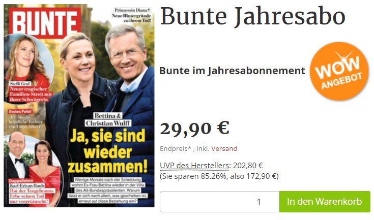 Bunte: Jahresabo für 29,90 statt 202,80 Euro