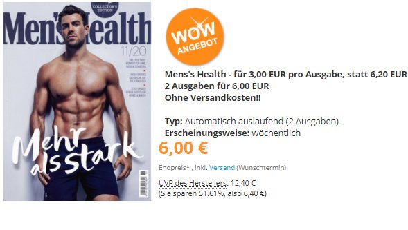 Mens Health: Zwei Ausgaben mit automatischem Ende für 6 Euro