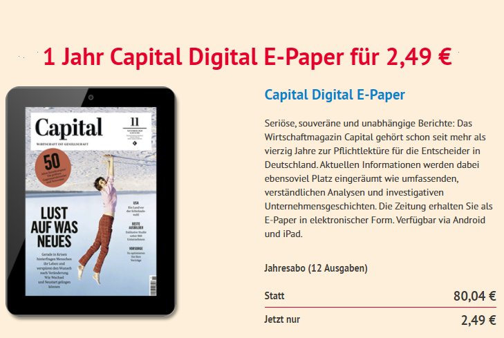 Capital: Jahresabo als ePaper für 2,49 Euro, via Paypal zahlbar