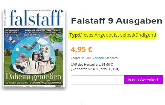 Falstaff: Jahresabo mit automatischem Ende für 4,95 Euro