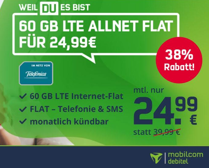 Mobilcom: Monatlich kündbare LTE-Flat mit 60 GByte für 24,99 Euro