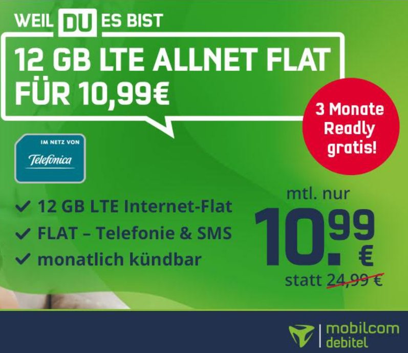 Knaller: Monatlich kündbare LTE-Flat (12 GB) mit Readly für 10,99 Euro