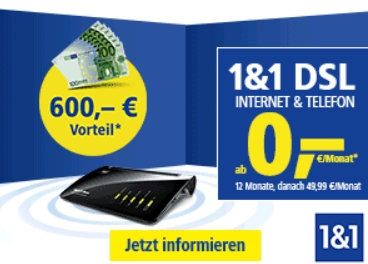 1&1: DSL 250 mit 600 Euro Rabatt und 8 Rufnummern