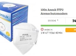 Dealclub: 100er-Pack FFP2-Masken für 34,99 Euro plus Versand