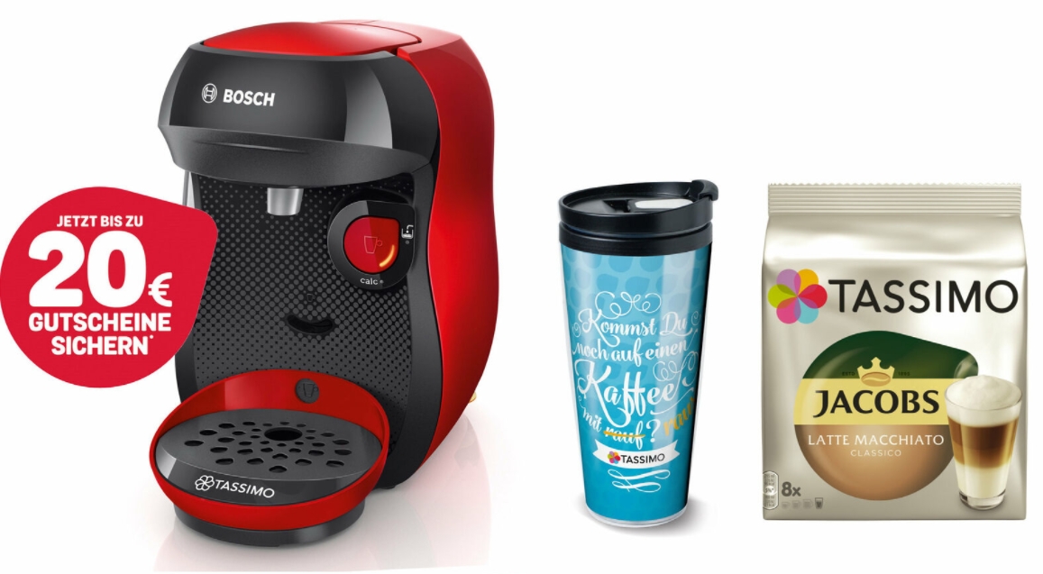 Ebay: Tassimo Happy mit TDiscs, Gutschein & Thermobecher für 29,99 Euro