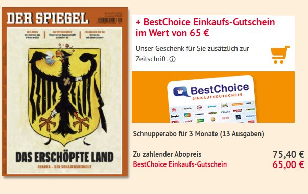 Der Spiegel: 13 Ausgaben für 75,40 Euro mit Gutschein über 65 Euro