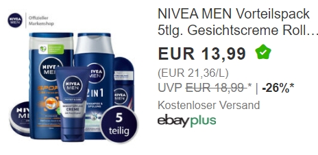 Ebay: Fünfteiliges Vorteilspack "Nivea Men" für 13,99 Euro frei Haus