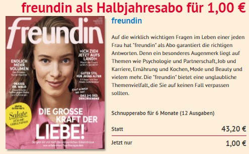 Freundin: Halbjahresabo für 1 Euro frei Haus, Zahlung via Paypal