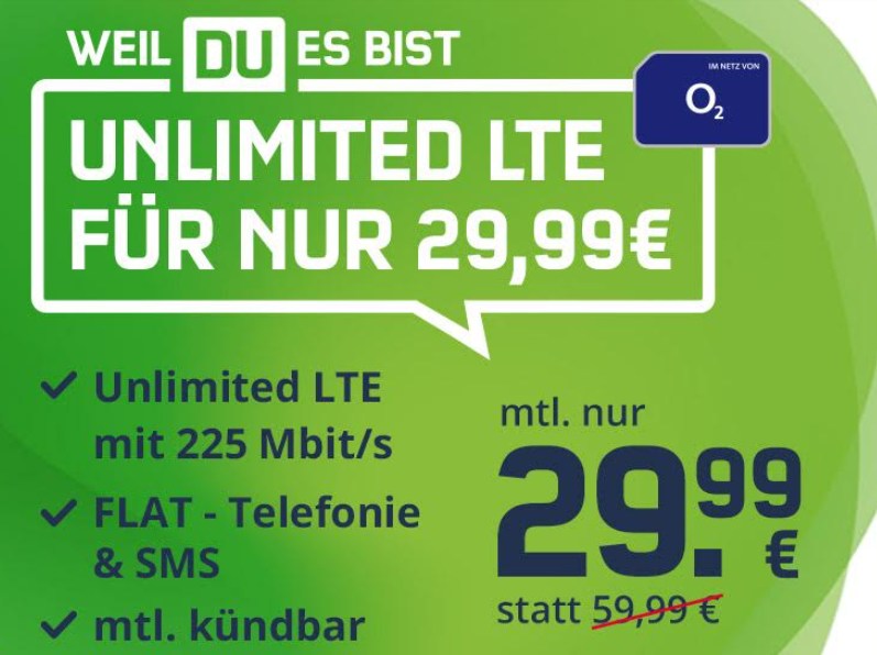 O2: Unlimitierte Datenflat mit Deezer und monatlicher Kündbarkeit für 29,99 Euro