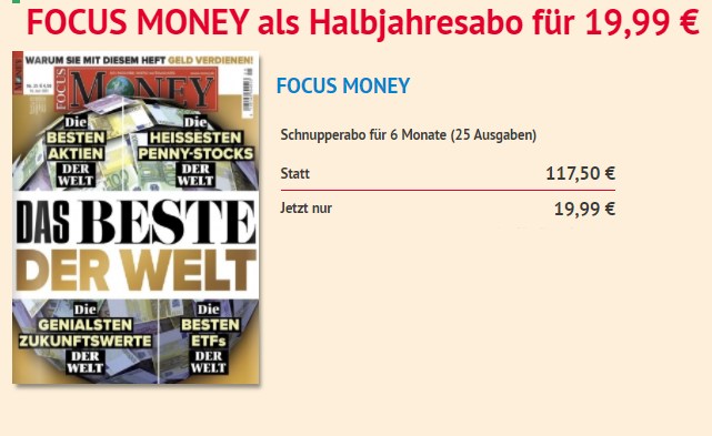 Focus Money: Halbjahresabo für 19,99 Euro frei Haus