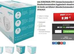 Dealclub: 40er-Pack gut bewertete FFP2-Masken für 9,99 Euro frei Haus